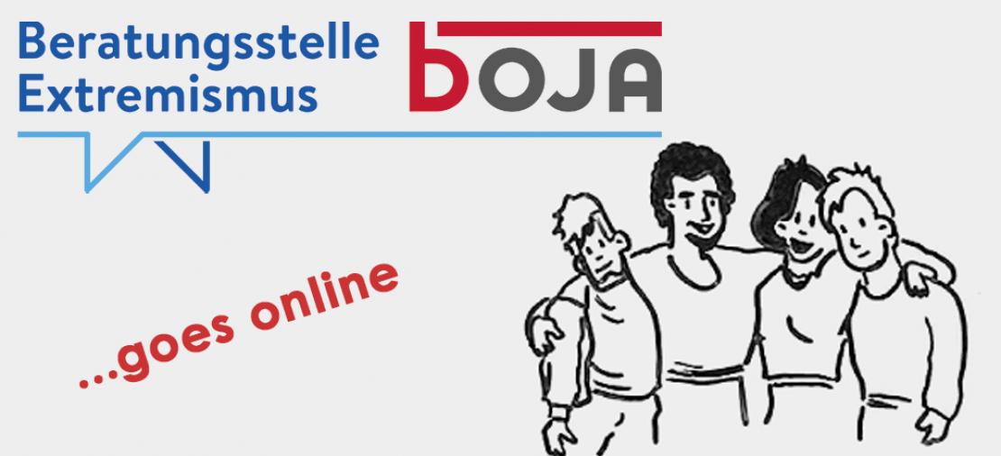 Zeichnung von sich umarmenden Menschen und bOJA Logo