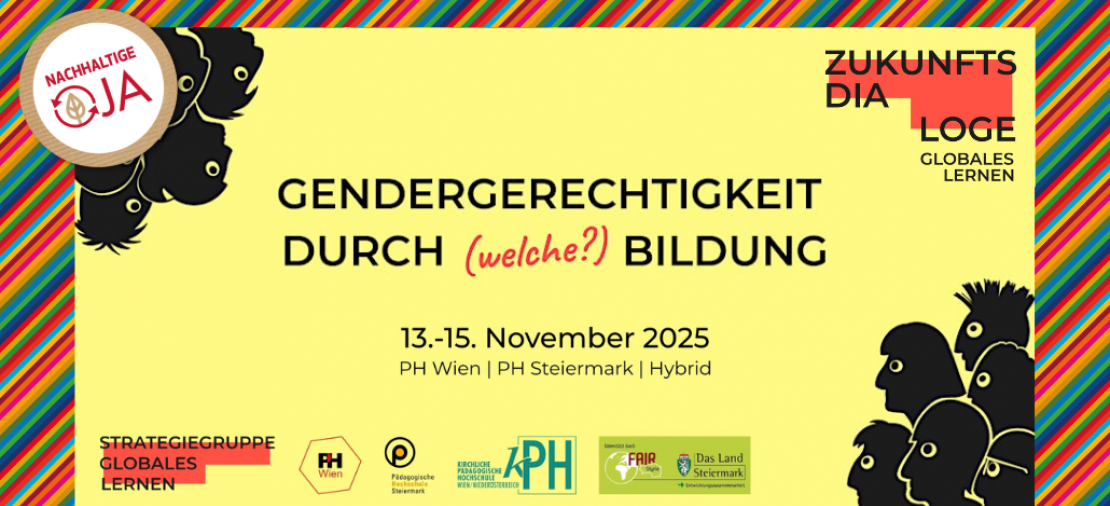 Lustiges Bild aus Köpfen auf Gelbem Hintergrund und Logos aller beteiligten Organisationen