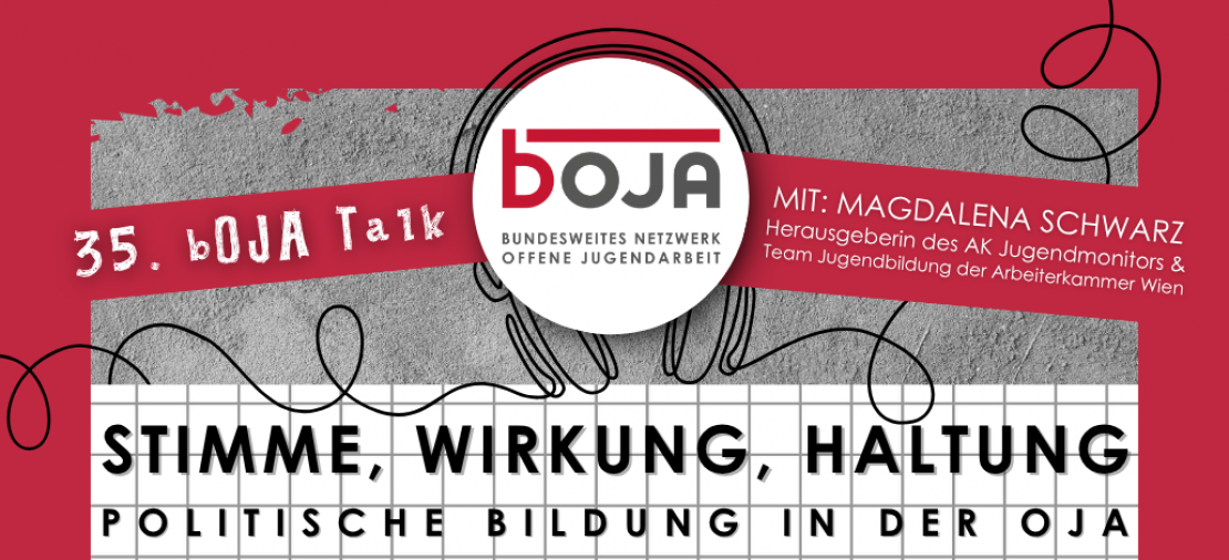 35. bOJA - Talk: Stimme, Wirkung, Haltung - politische Bildung in der OJA - gestaltet mit Logos und Informationen zum Vortragenden